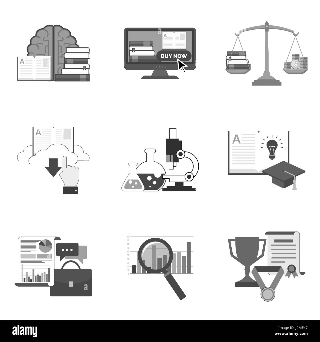 Set di istruzione icone e simboli in elegante stile piatto isolato su sfondo bianco. Illustrazione Vettoriale di elementi per il vostro web site design, logo, app Illustrazione Vettoriale