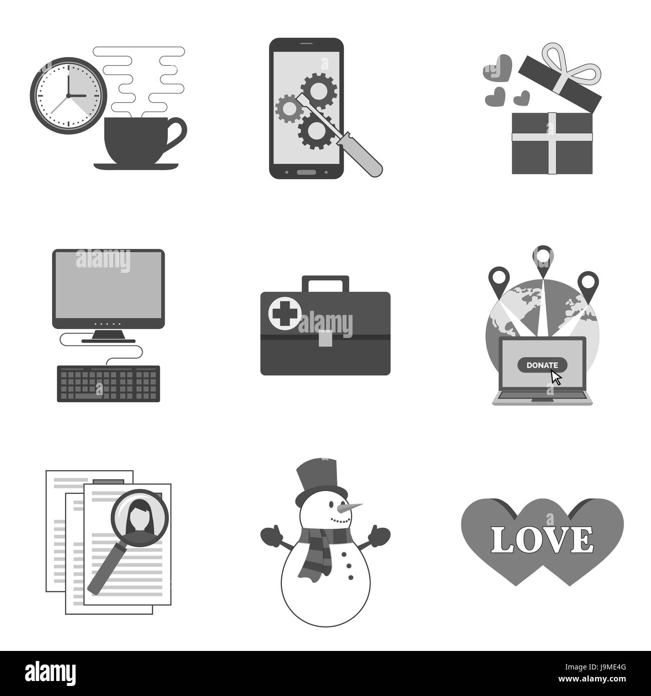 Set di icone e simboli in elegante stile piatto isolato su sfondo bianco. Illustrazione Vettoriale di elementi per il vostro web site design, logo, app, UI. Illustrazione Vettoriale