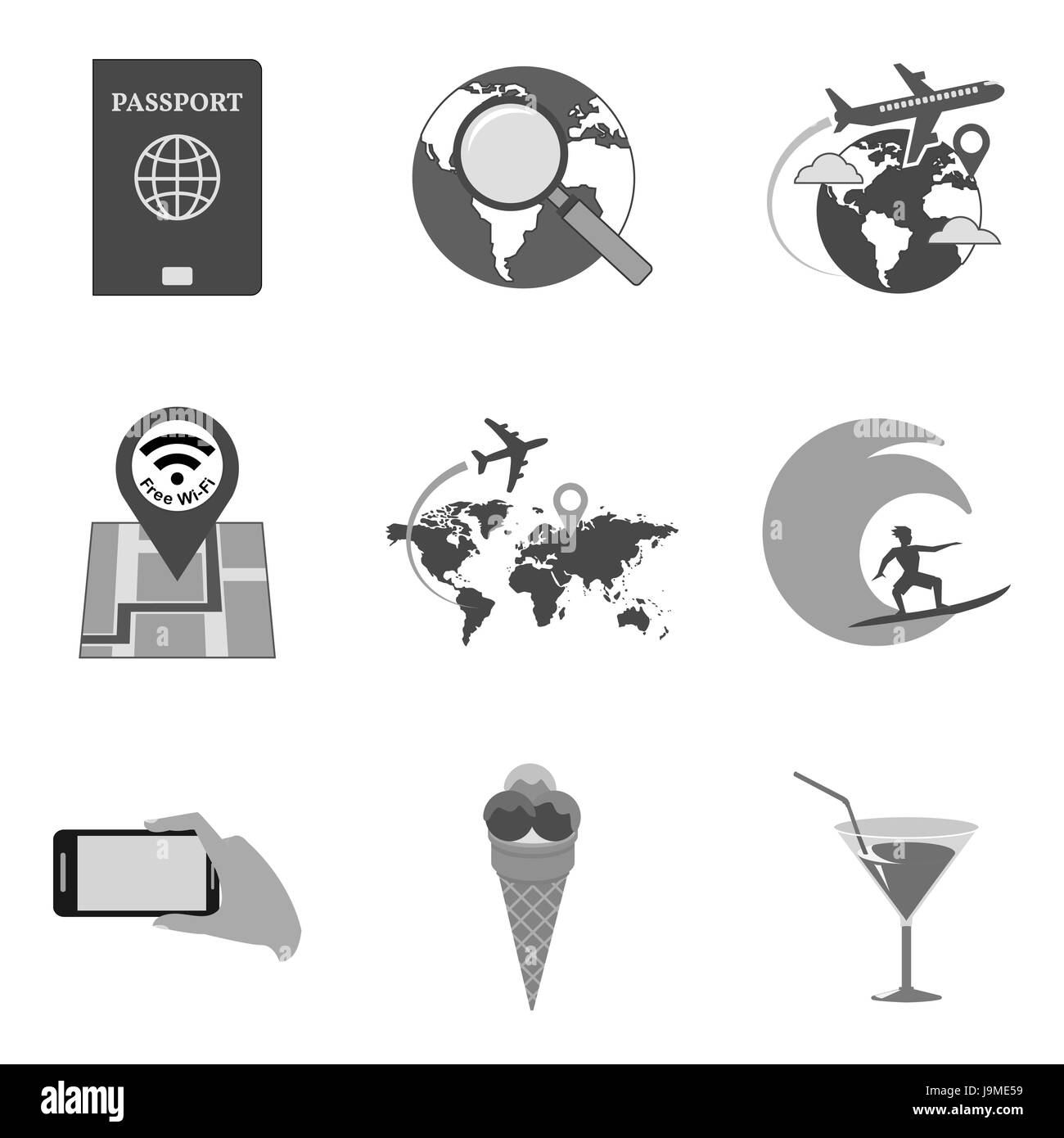 Set di icone di viaggio e i simboli in un elegante stile piatto isolato su sfondo bianco. Illustrazione Vettoriale di elementi per il vostro web site design, logo, app, U Illustrazione Vettoriale