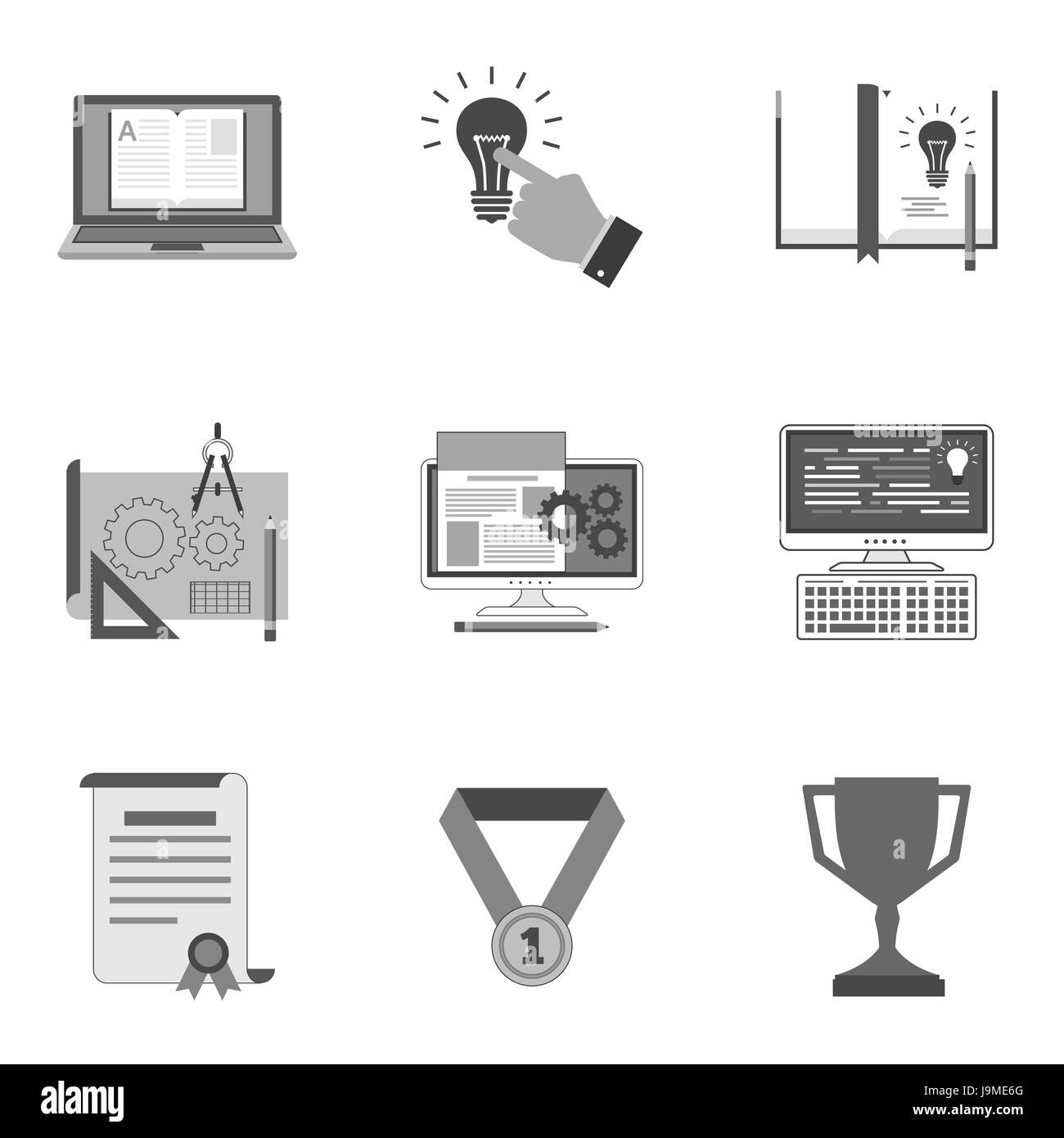 Set di istruzione icone e simboli in elegante stile piatto isolato su sfondo bianco. Illustrazione Vettoriale di elementi per il vostro web site design, logo, app Illustrazione Vettoriale
