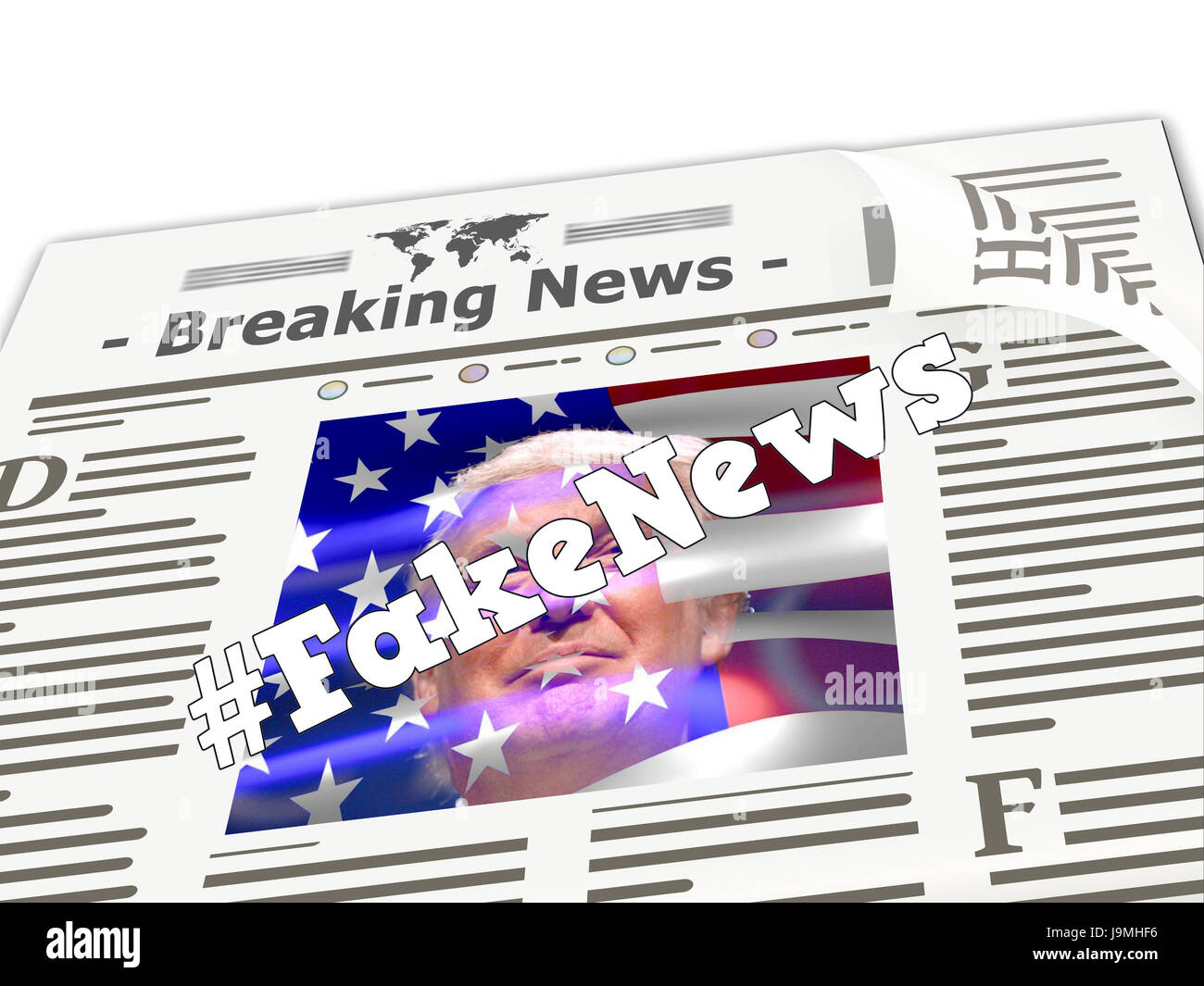 Giornali con Donald Trump e Fake News Tag Hash Foto Stock