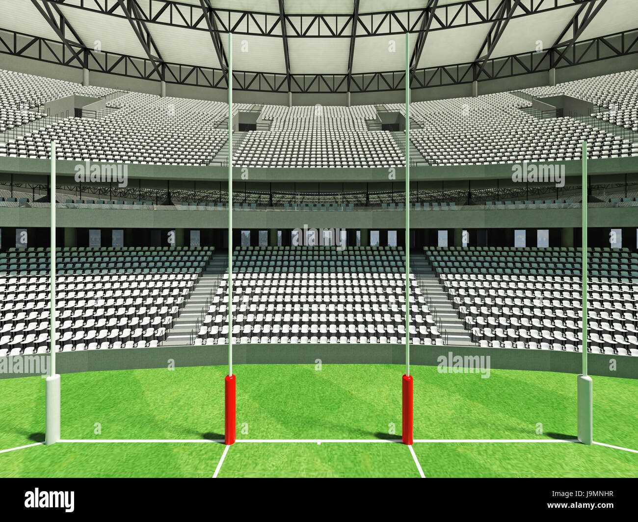 3D render di un round Australian rules football Stadium con sedili bianchi e scatole di VIP per cinquanta mila tifosi Foto Stock