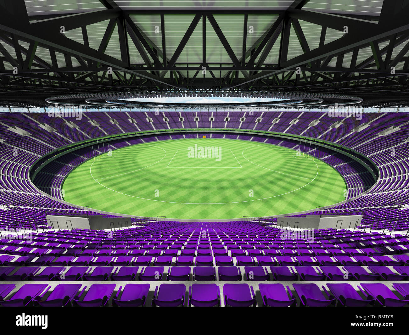 3D render di un round Australian rules football Stadium con sedi di viola e scatole di VIP per cinquanta mila tifosi Foto Stock