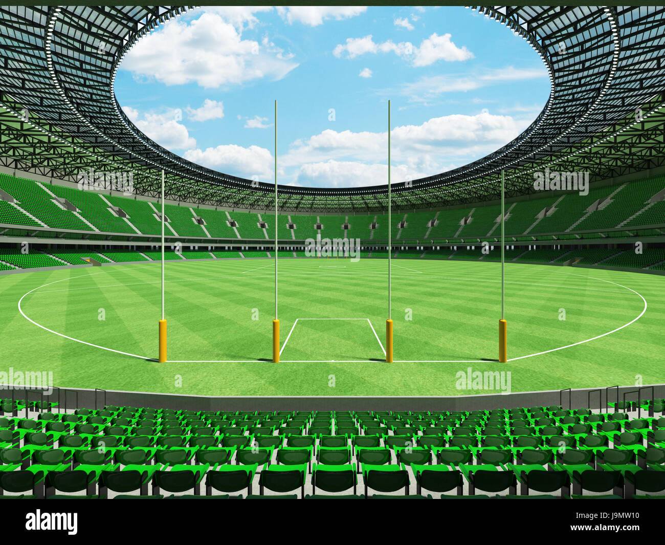 3D render di un round Australian rules football Stadium con sedi di verde e scatole di VIP per cinquanta mila tifosi Foto Stock