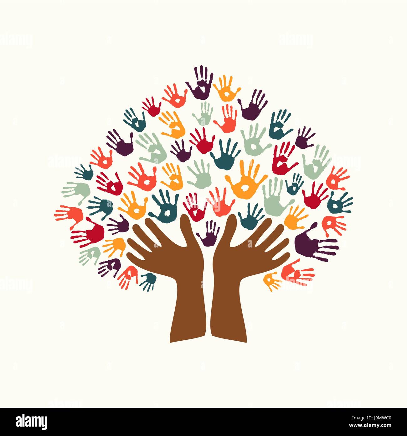 Handprint umano simbolo di albero con le mani di coloratissimi gruppo etnico. Cultura varia concetto illustrazione per organizzazione aiutano, ambiente sociale o wor Illustrazione Vettoriale