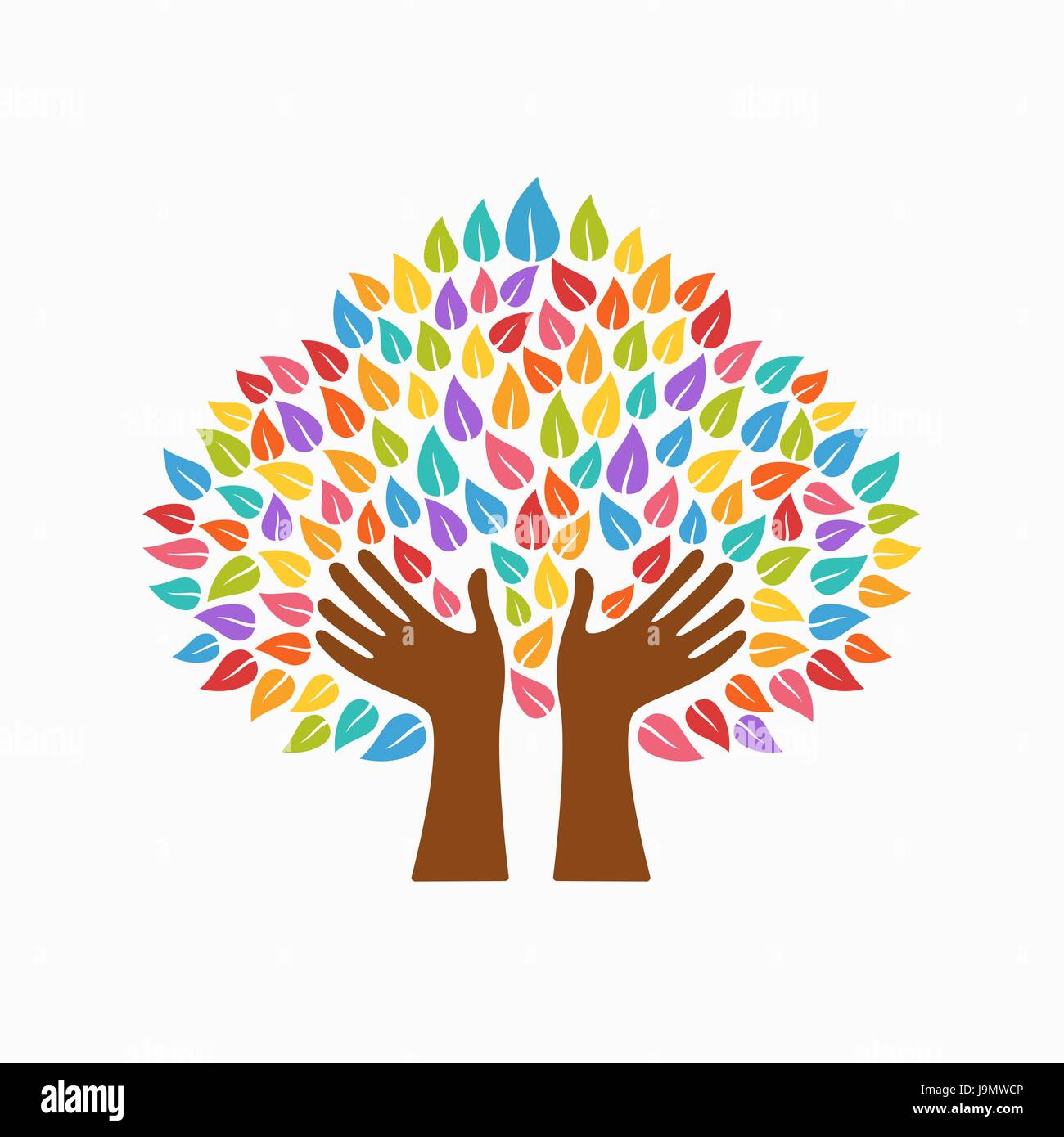 Simbolo di albero con mani di uomo e foglie multicolore. Concetto illustrazione per organizzazione aiutano, ambiente progetto o il lavoro sociale. EPS10 vettore. Illustrazione Vettoriale