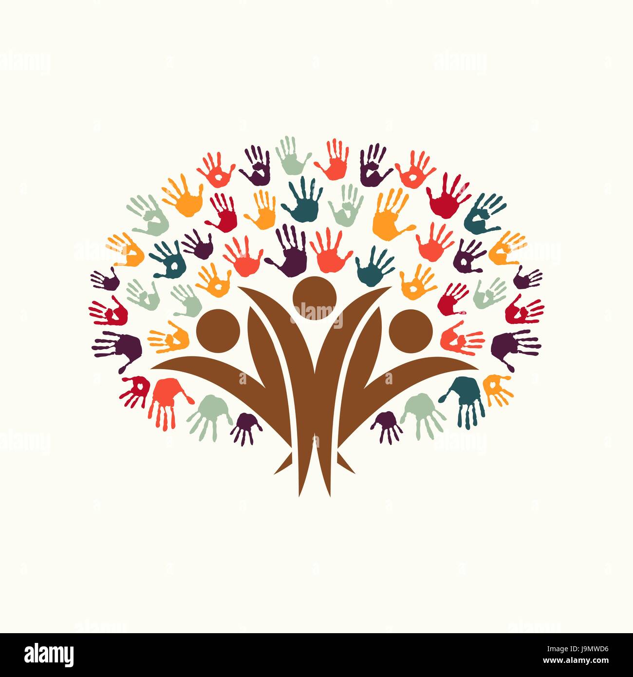 Struttura Handprint simbolo con persone sagome. Diverse comunità nozione illustrazione per organizzazione aiutano, ambiente progetto o il lavoro sociale. EPS10 Illustrazione Vettoriale