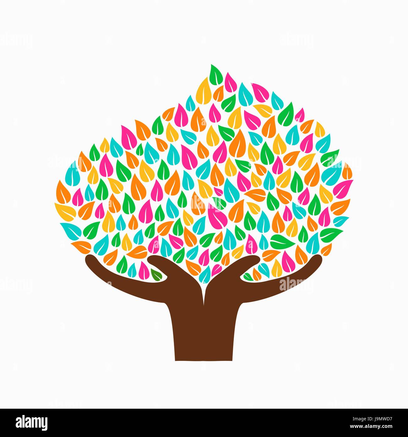 Simbolo di albero con mani di uomo e foglie multicolore. Concetto illustrazione per organizzazione aiutano, ambiente progetto o il lavoro sociale. EPS10 vettore. Illustrazione Vettoriale