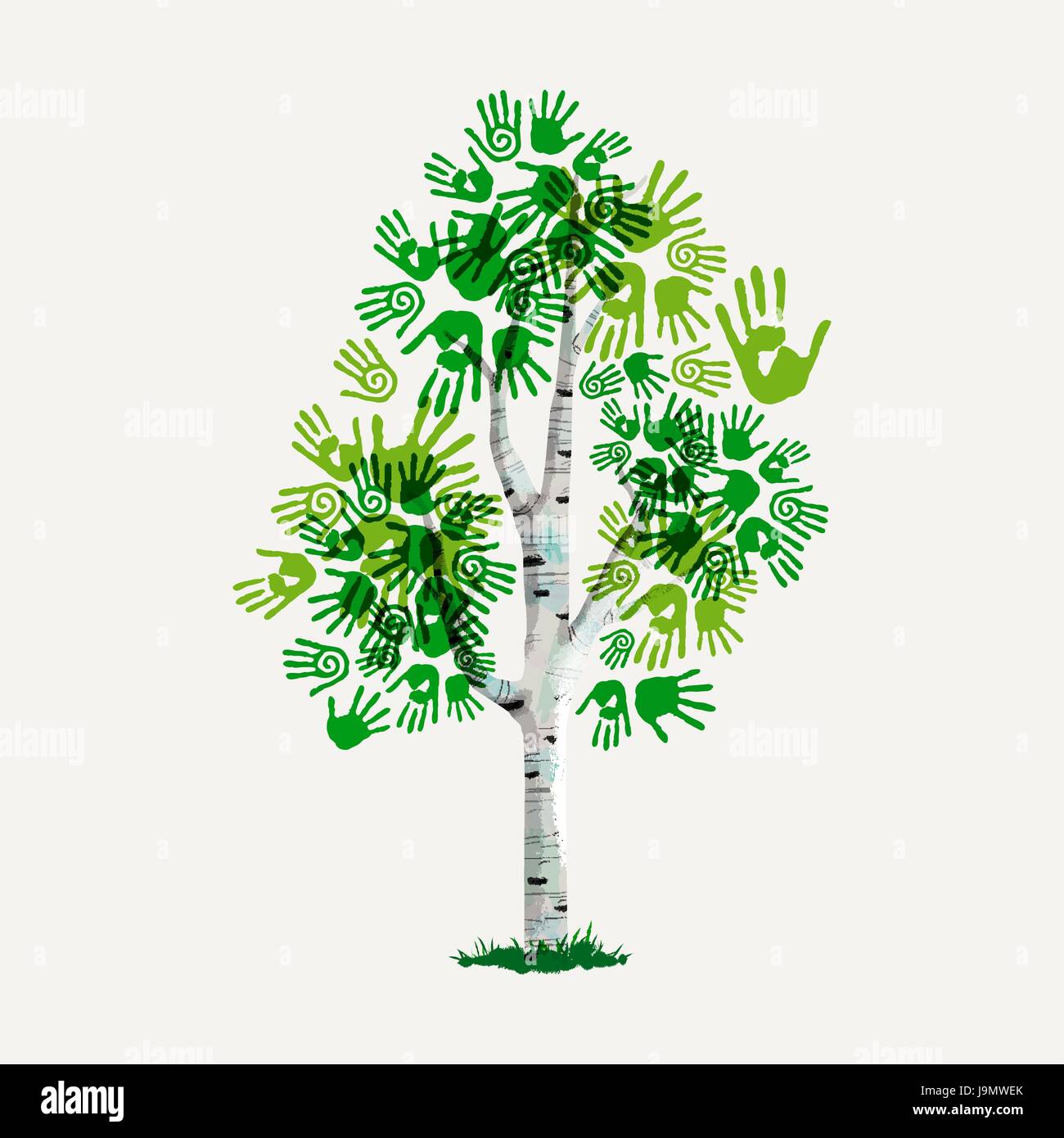 Albero verde con mano umana stampa tecnica. Concetto illustrazione per aiutare l'ambiente, la natura cura o di carità. EPS10 vettore. Illustrazione Vettoriale