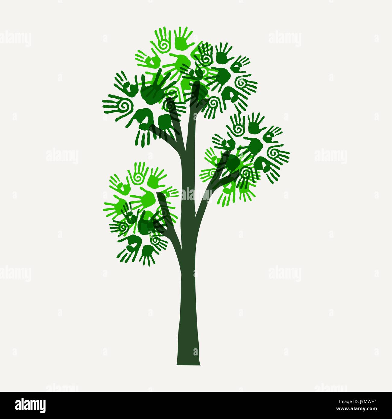 Albero verde con il simbolo Mano tecnica di stampa Concetto illustrazione per la cura per l ambiente, la natura di aiuto o di carità. EPS10 vettore. Illustrazione Vettoriale