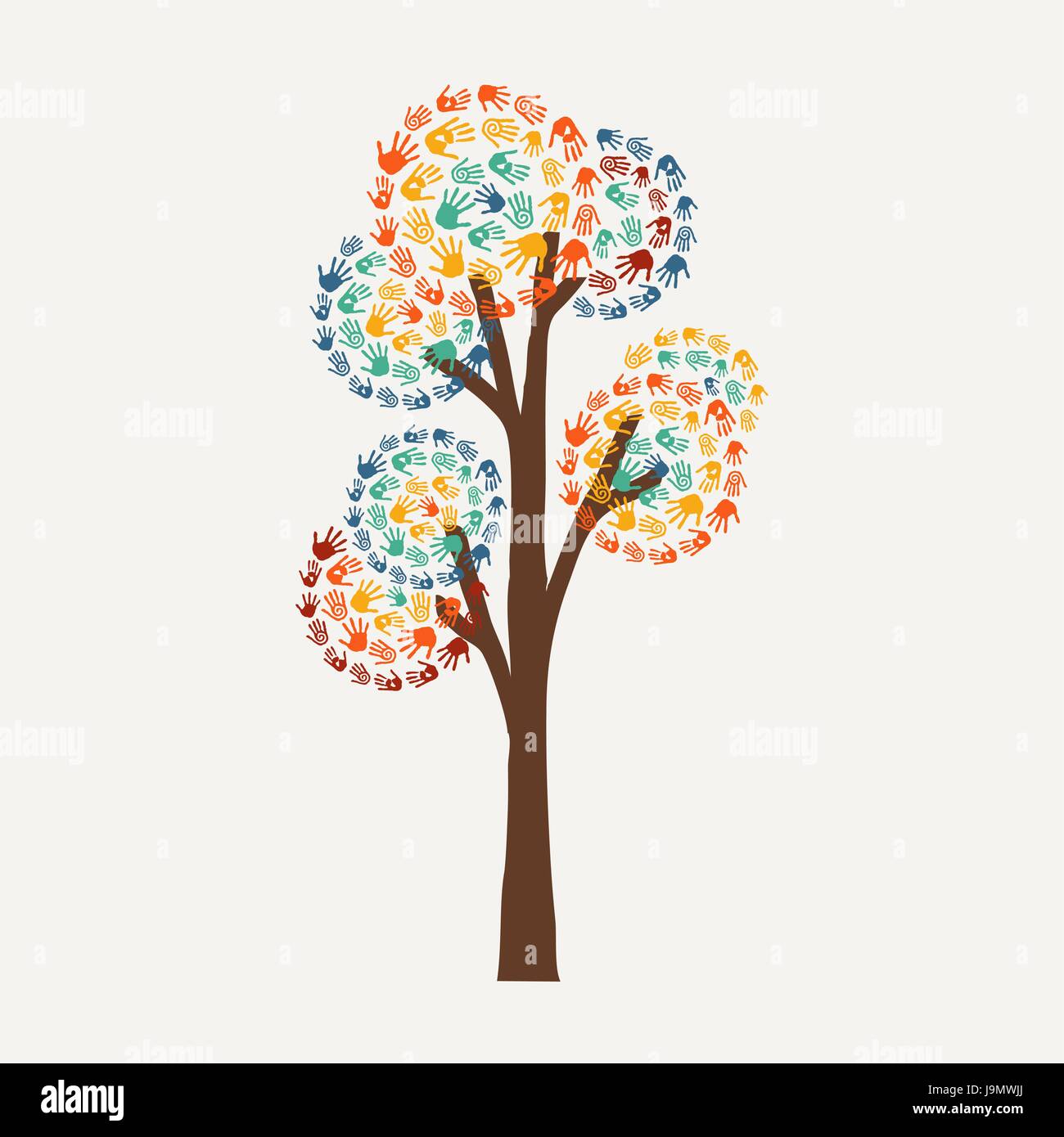 Lato albero simbolo con handprint multicolore art. Diverse comunità nozione illustrazione per aiuto sociale, ambiente progetto o di carità. EPS10 vettore. Illustrazione Vettoriale