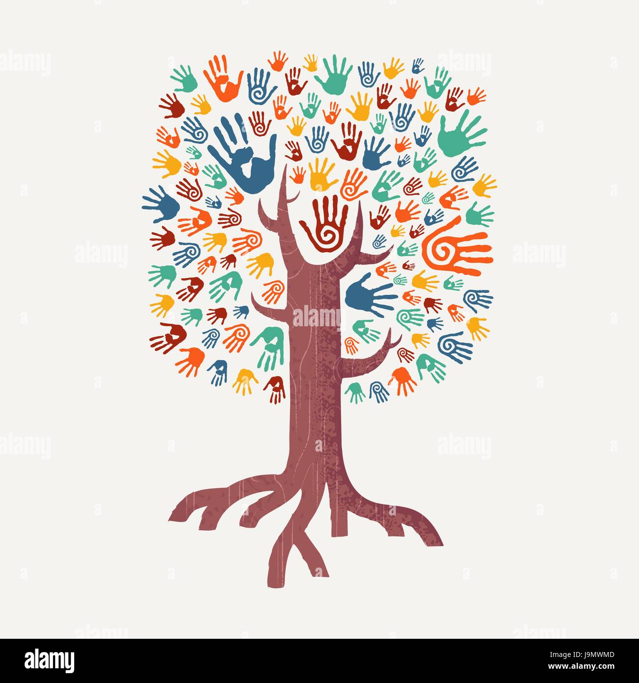 Struttura ad albero a mano con disegno colorato handprint art. Diverse comunità unita illustrazione il concetto di aiuto sociale, ambiente progetto o di carità. EPS10 ve Illustrazione Vettoriale