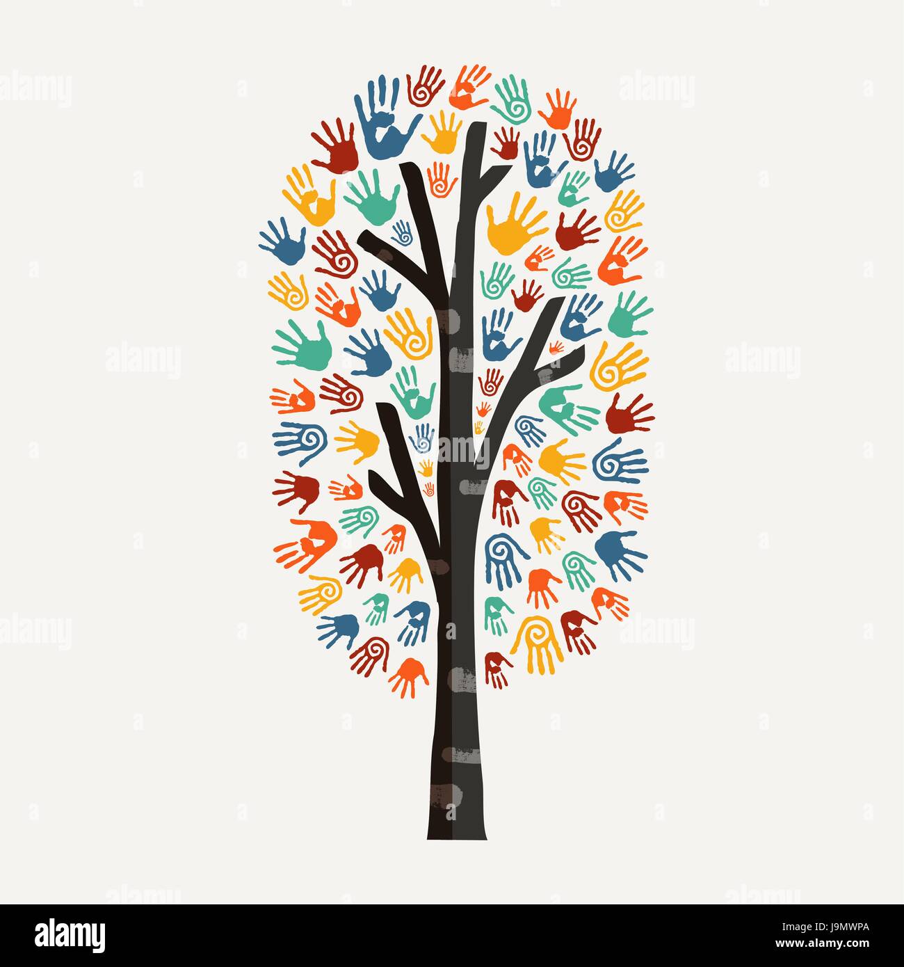 Struttura ad albero a mano con colorati handprint art. Diverse comunità nozione illustrazione per aiuto sociale, ambiente progetto o di carità. EPS10 vettore. Illustrazione Vettoriale