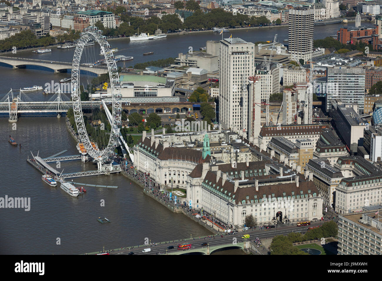 Il London Eye si trova sulla sponda meridionale del fiume Tamigi. Il Jubilee Gardens e County Hall edificio. Lambeth, Londra Foto Stock