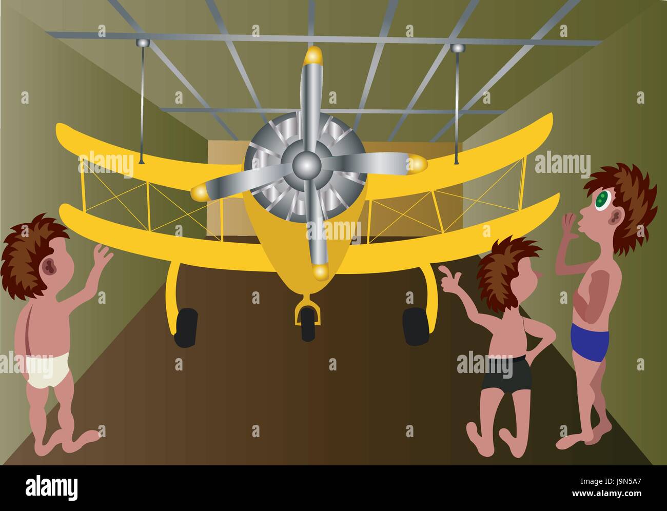 Bambini all'interno di un hangar di apprendimento piani di circa Illustrazione Vettoriale