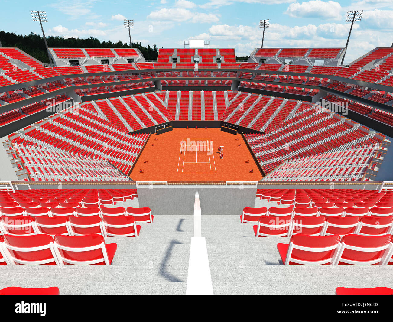 3D render di bellissimi e moderni campo da tennis in terra battuta lo stadio con sedie rosse Foto Stock