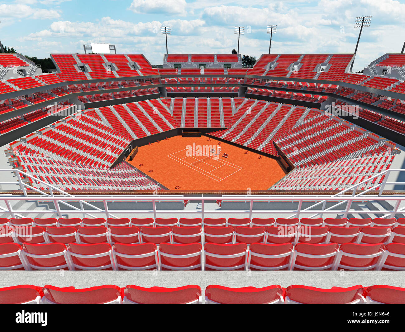 3D render di bellissimi e moderni campo da tennis in terra battuta lo stadio con sedie rosse Foto Stock