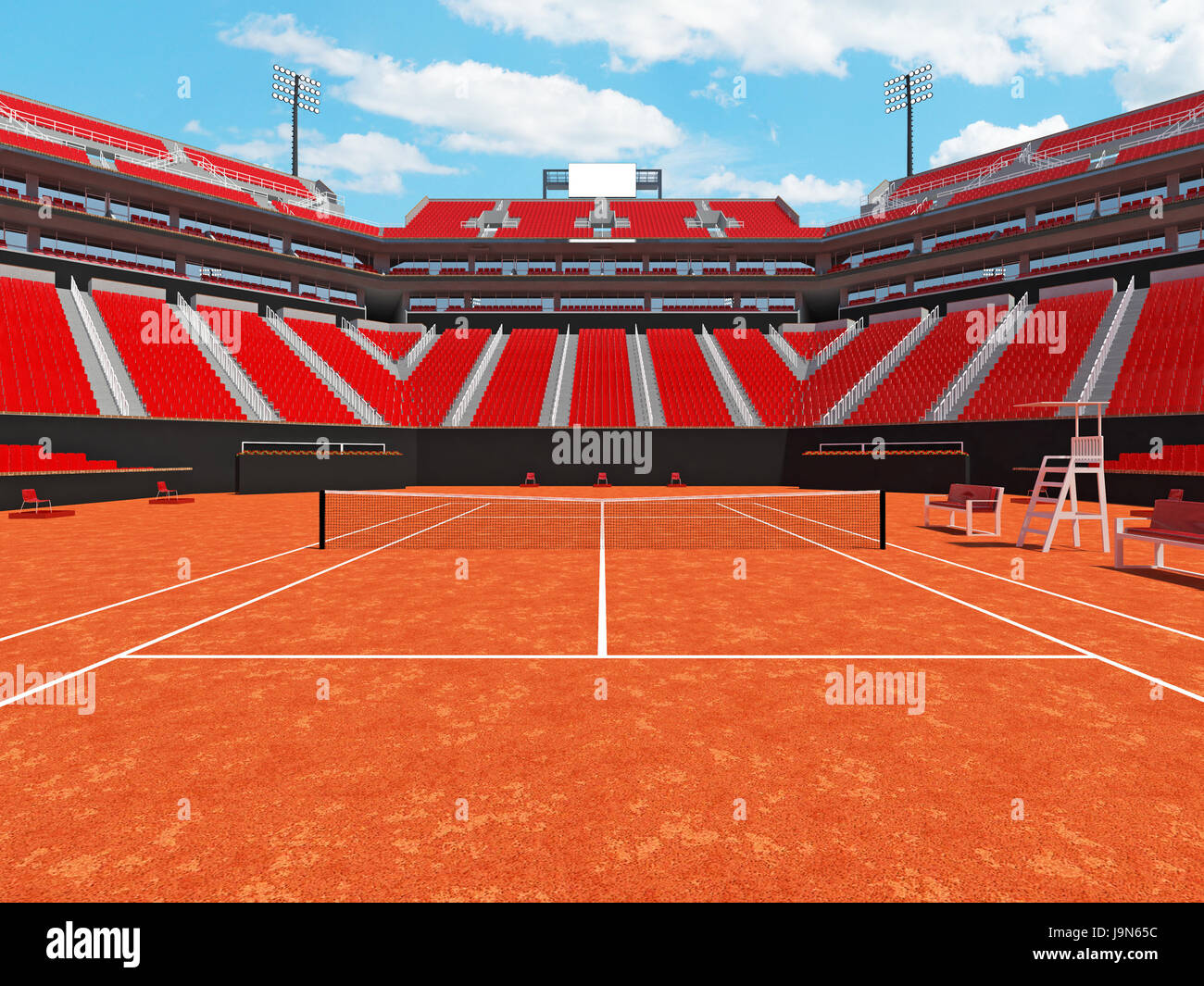 3D Render Di Bellissimi E Moderni Campo Da Tennis In Terra Battuta Lo 3d-render-di-bellissimi-e-moderni-campo-da-tennis-in-terra-battuta-lo