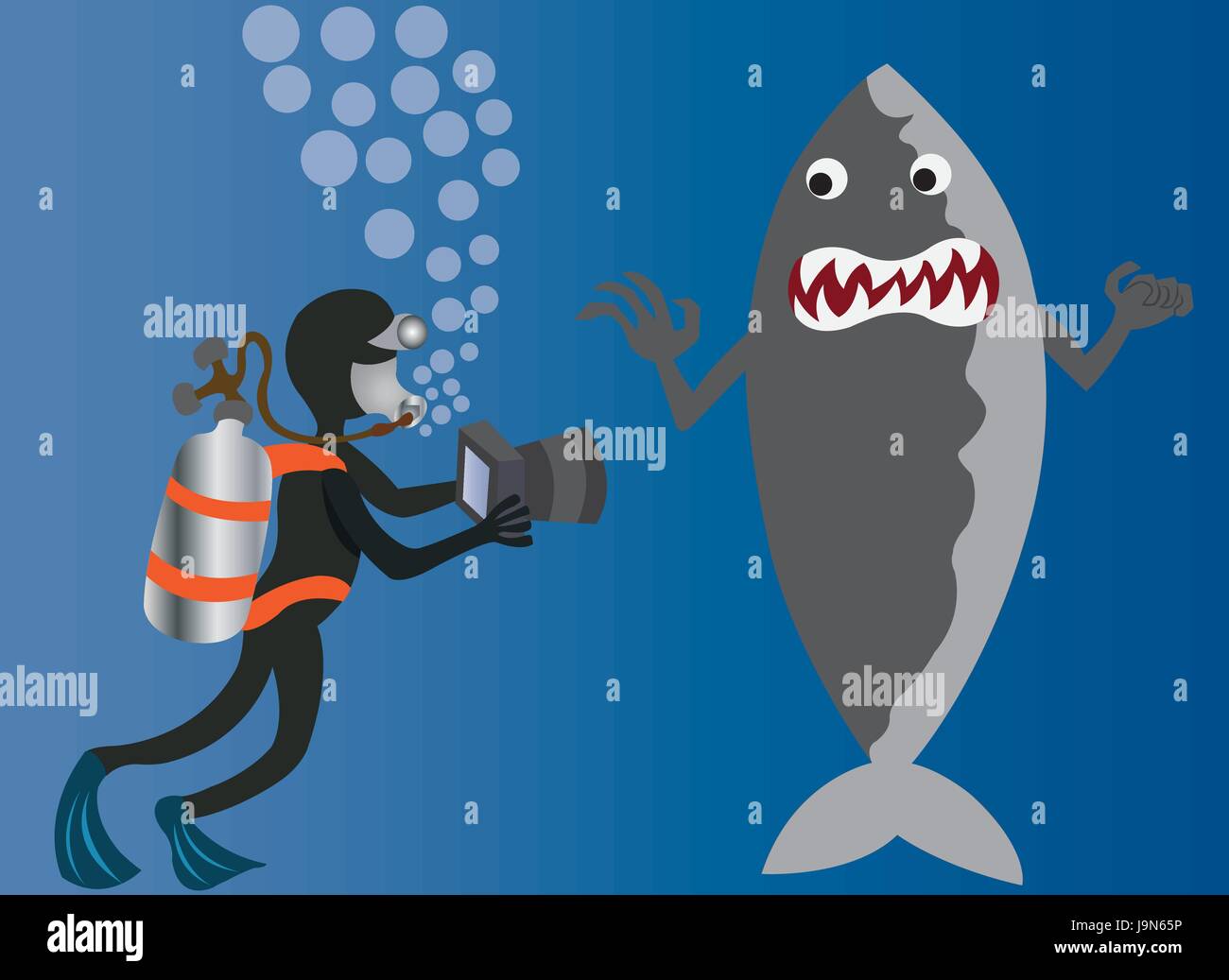 Un mare profondo subacqueo tenendo la foto di uno squalo Illustrazione Vettoriale