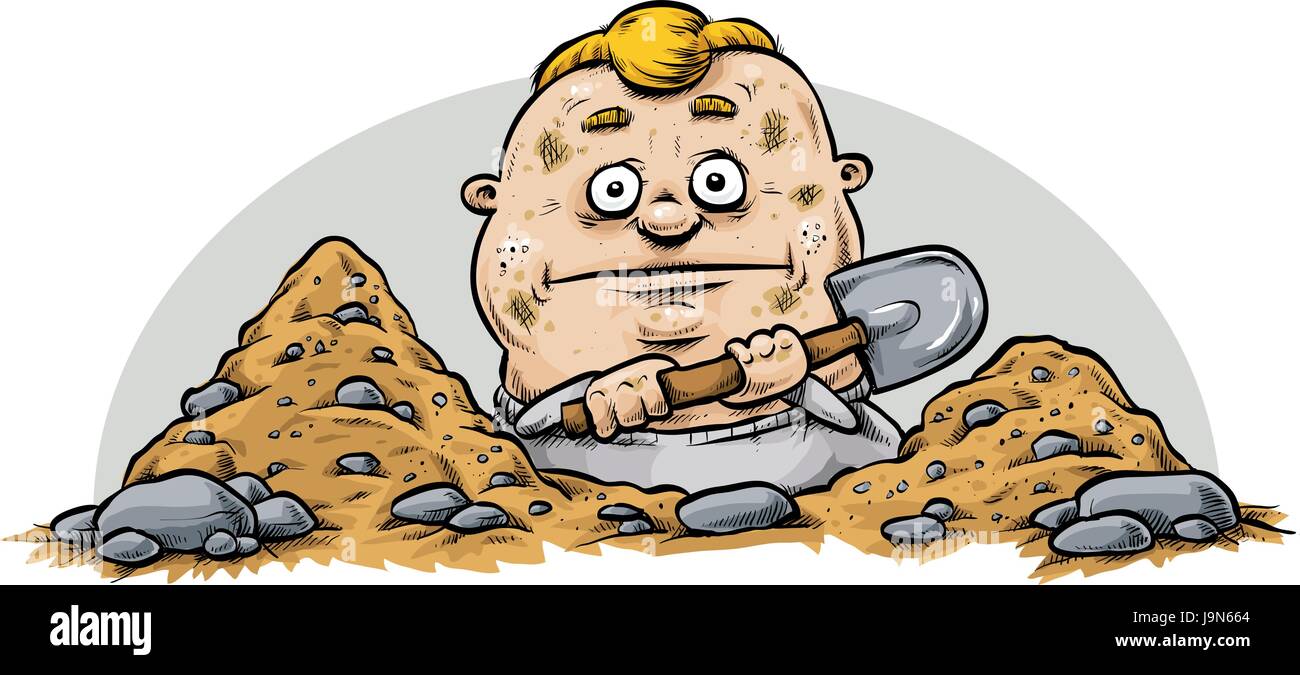 Un cartoon uomo scavando un foro con una pala. Illustrazione Vettoriale