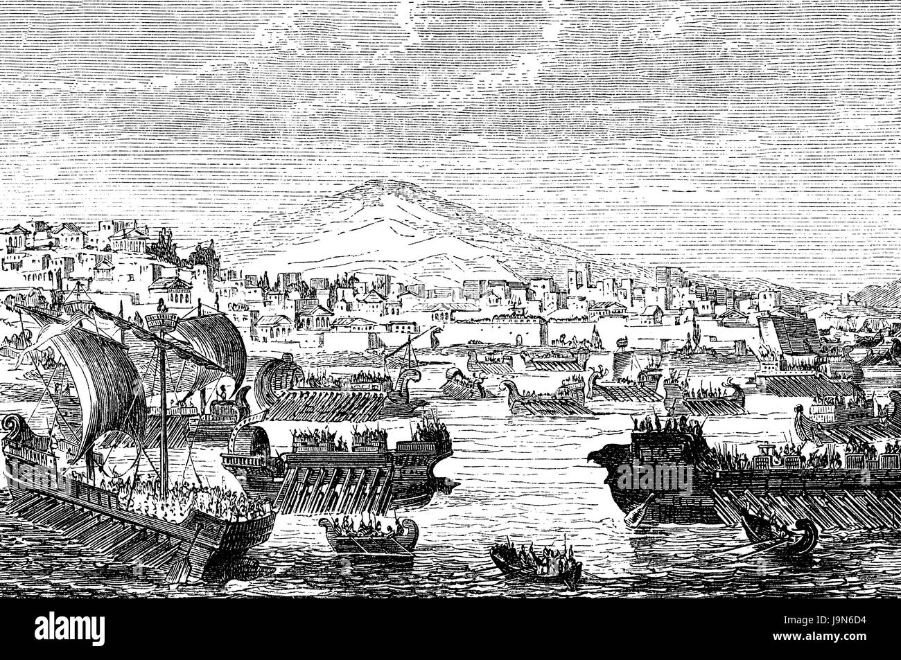 La flotta ateniese di attaccare Siracusa in Sicilia, 415 BC, Guerra Peloponneso Foto Stock