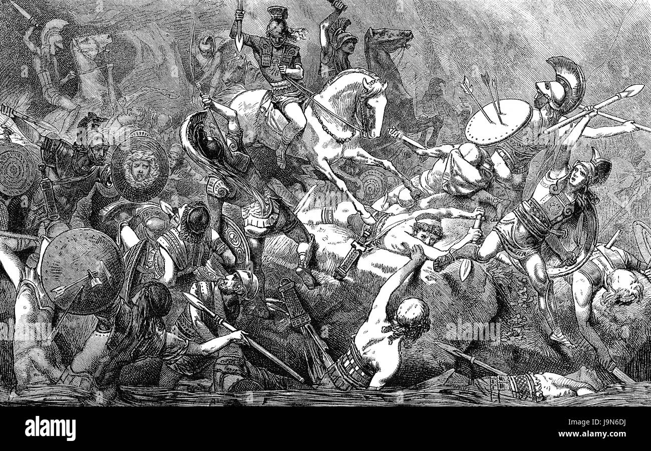 Il siracusano cavalleria uccidendo i soldati ateniese, Siracusa, Sicilia, 415 BC, Guerra Peloponneso Foto Stock