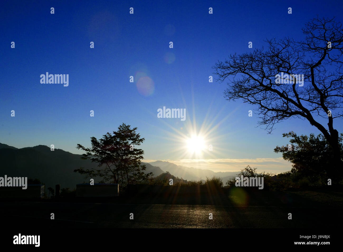 All'alba o al tramonto su una zona collinare country road con il sole risplende luminosa luce di illuminazione. Foto Stock