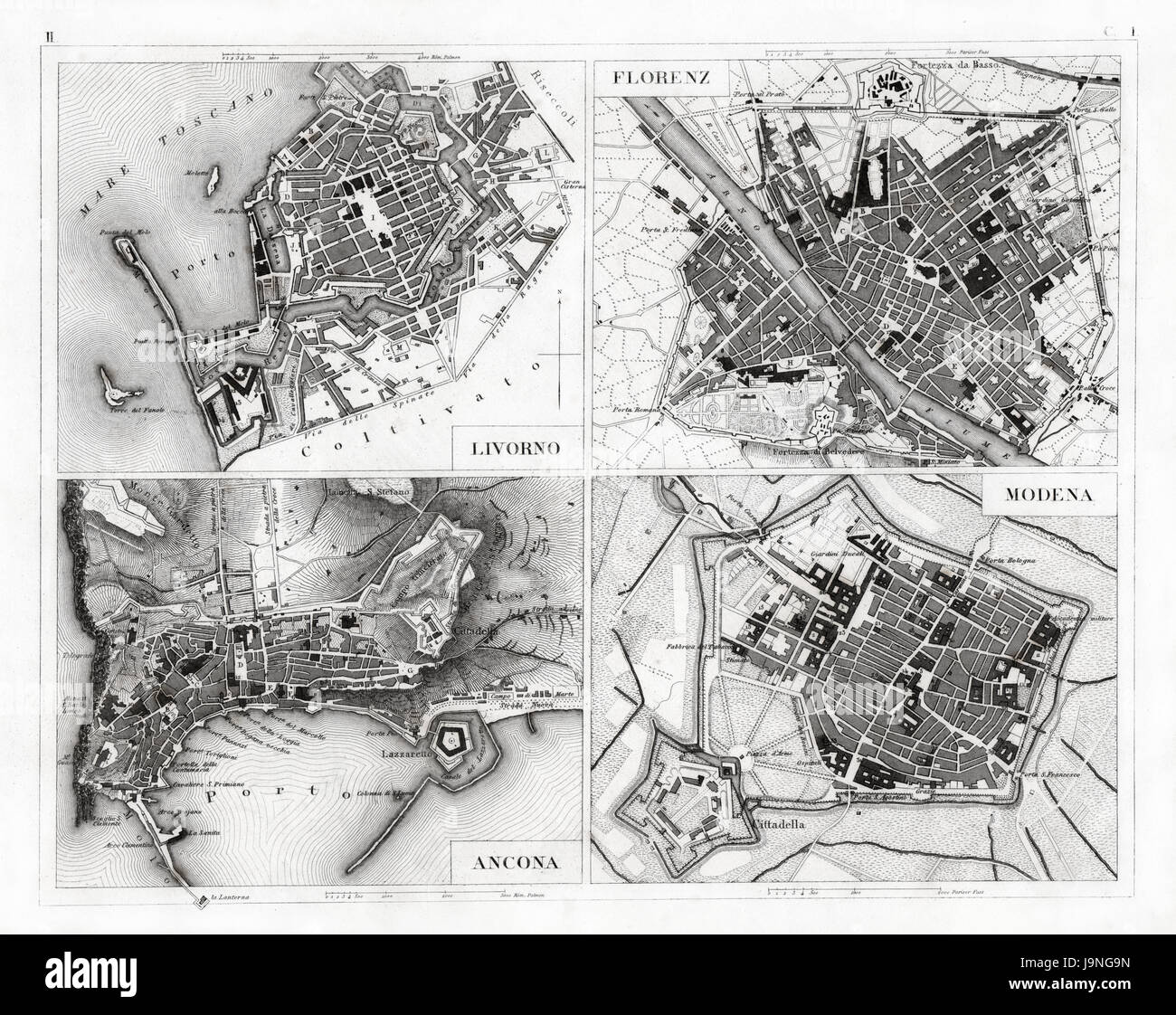 1874 antichi enciclopedia tedesca Atlas Stampa: Firenze Livorno Ancona Modena piante di città del Nord e Centro Italia. Foto Stock