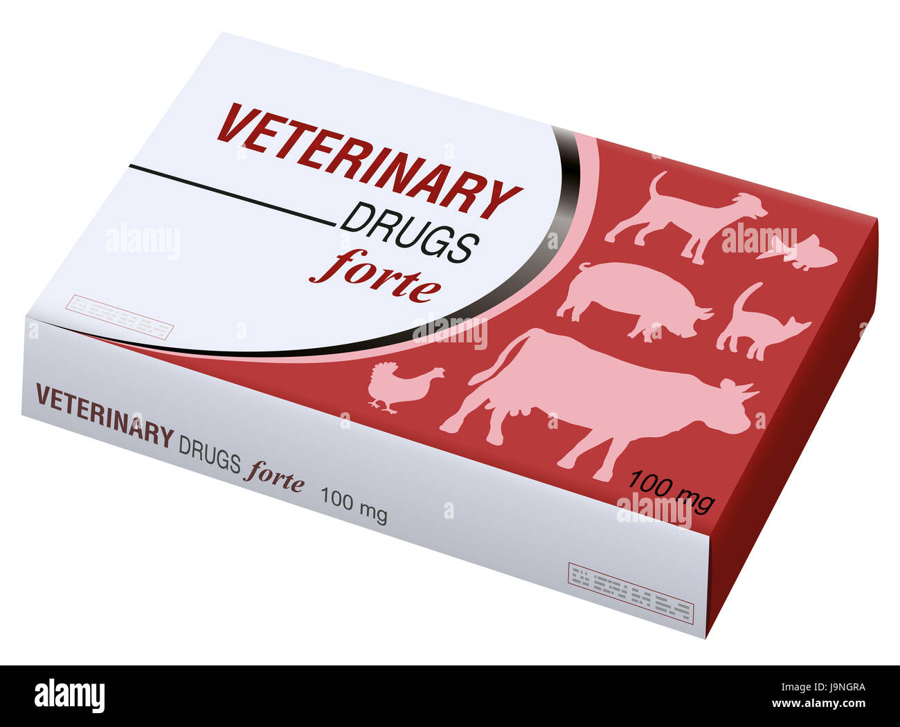 Farmaci veterinari fake box - simbolo per medical abuso di animali domestici, animali, bestiame. Immagine su sfondo bianco. Foto Stock