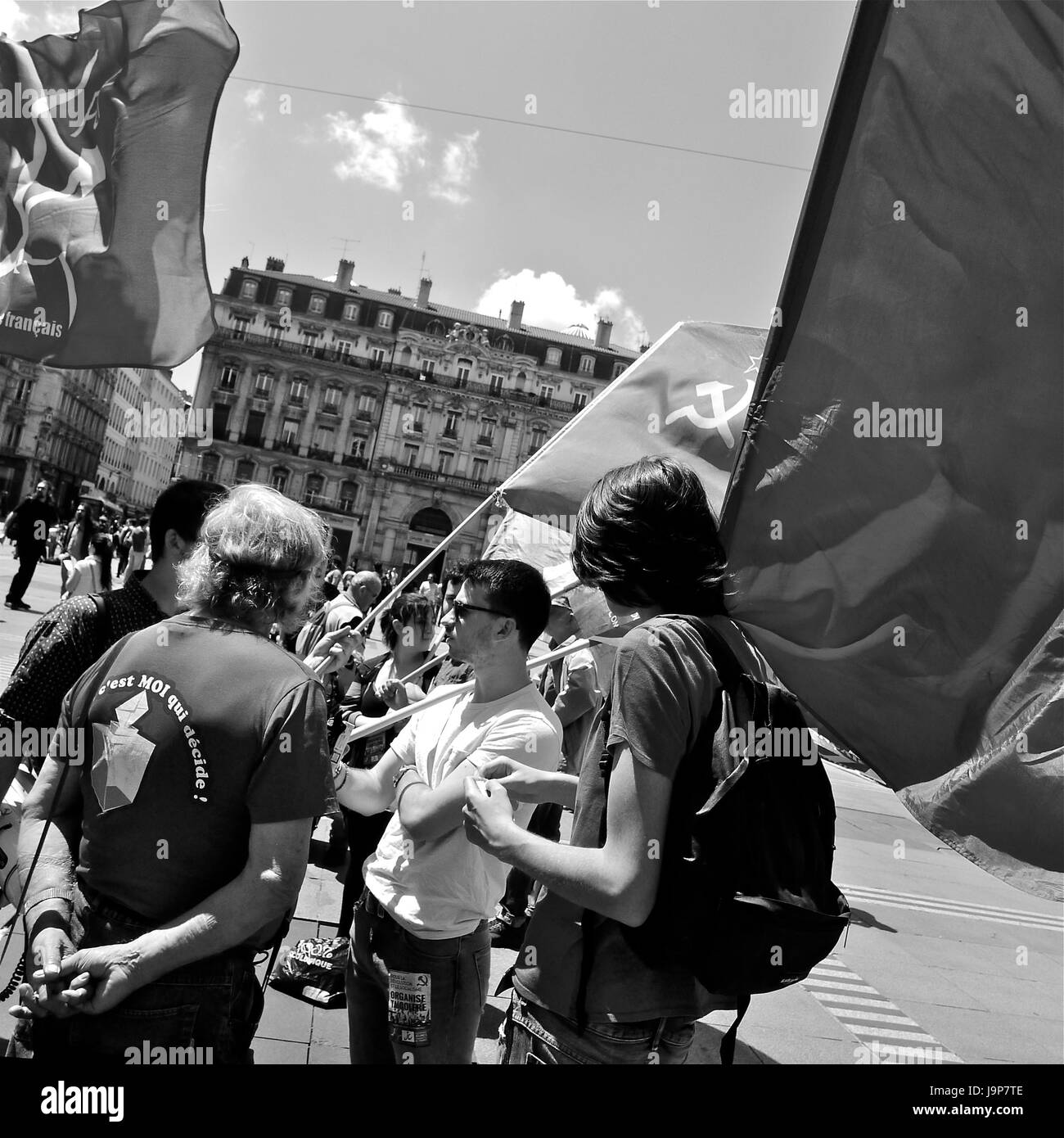 Operai manifestano a Lione per protestare contro le pensioni proposta di riforma Foto Stock