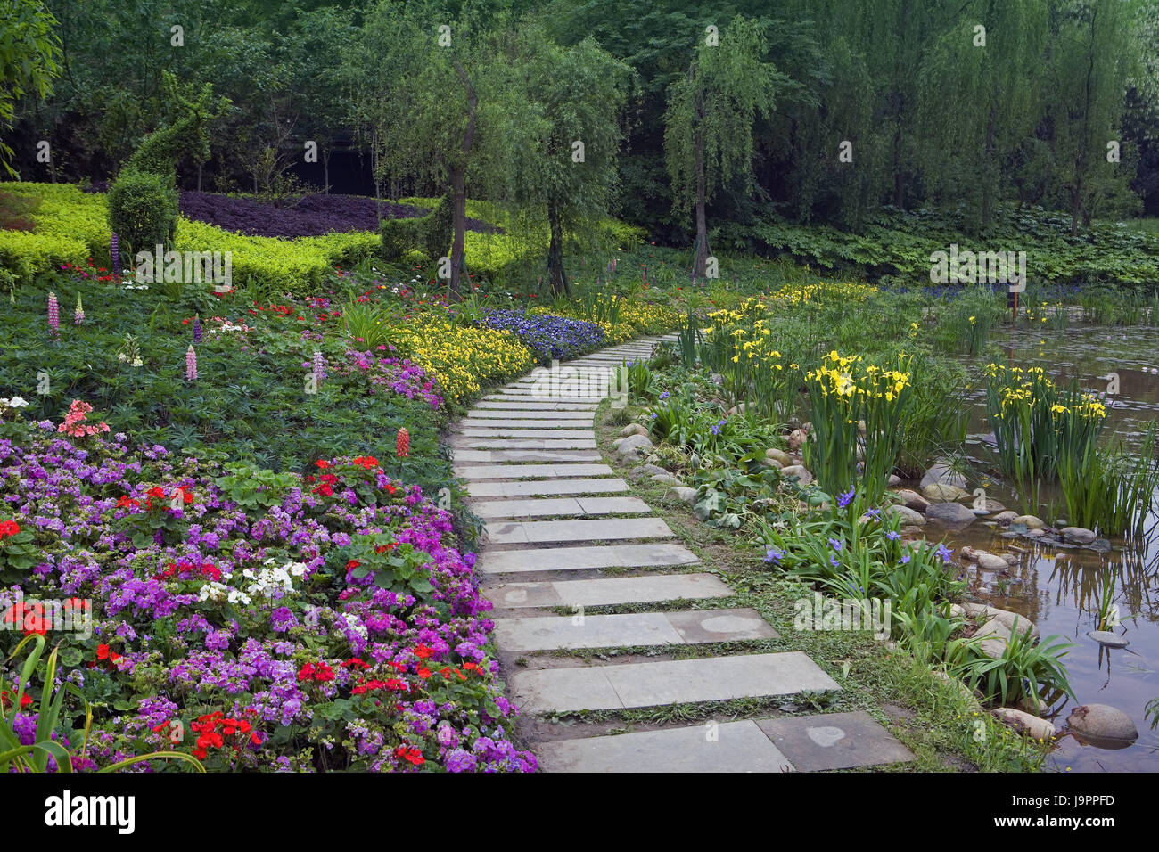 Cina Sichuan,,Chengdu,panda gigante allevamento base ricerca,parco,aiuole,stagno,Asia,Asia Orientale,città,città,destinazione,luogo di interesse,parco,giardino,fiori,modo,shore,riserva naturale,Wildlifepark,deserta, Foto Stock