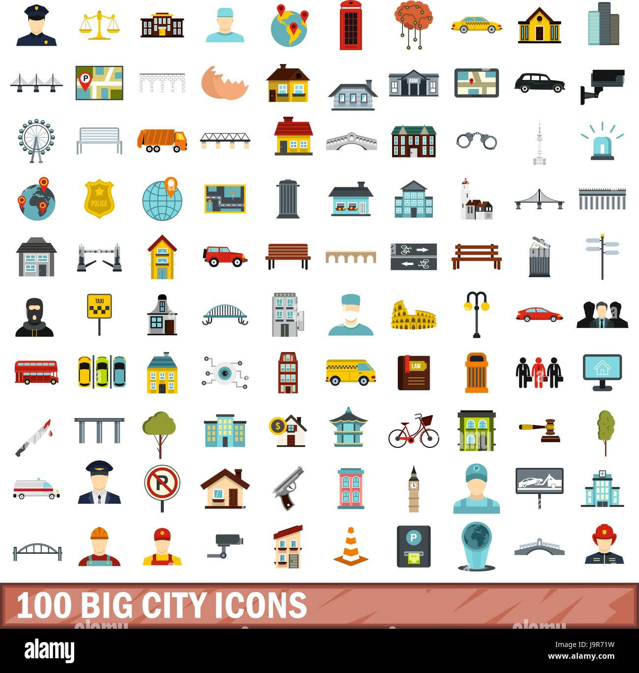 100 città grande set di icone di stile di Piana Illustrazione Vettoriale