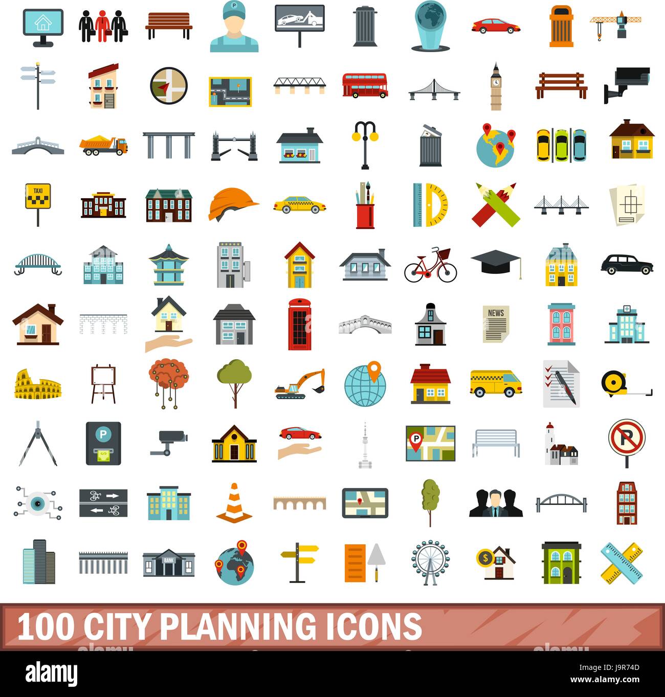 100 città pianificazione di set di icone di stile di Piana Illustrazione Vettoriale