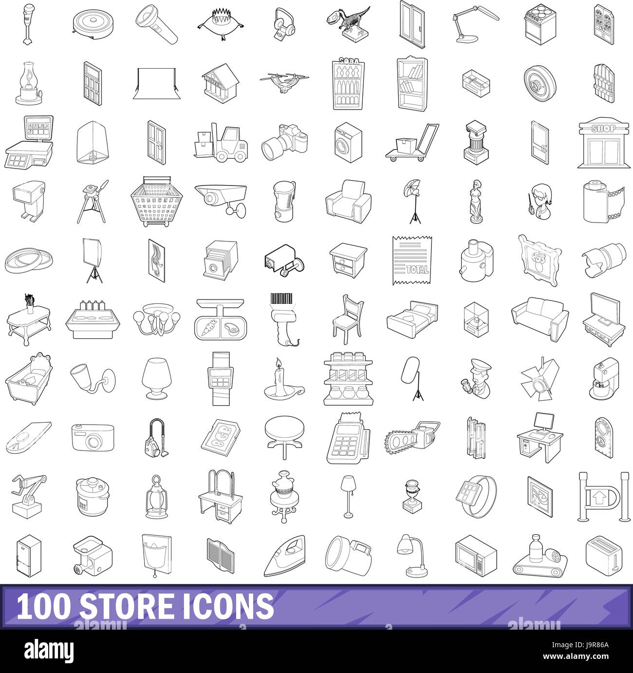 100 store set di icone di stile di contorno Illustrazione Vettoriale