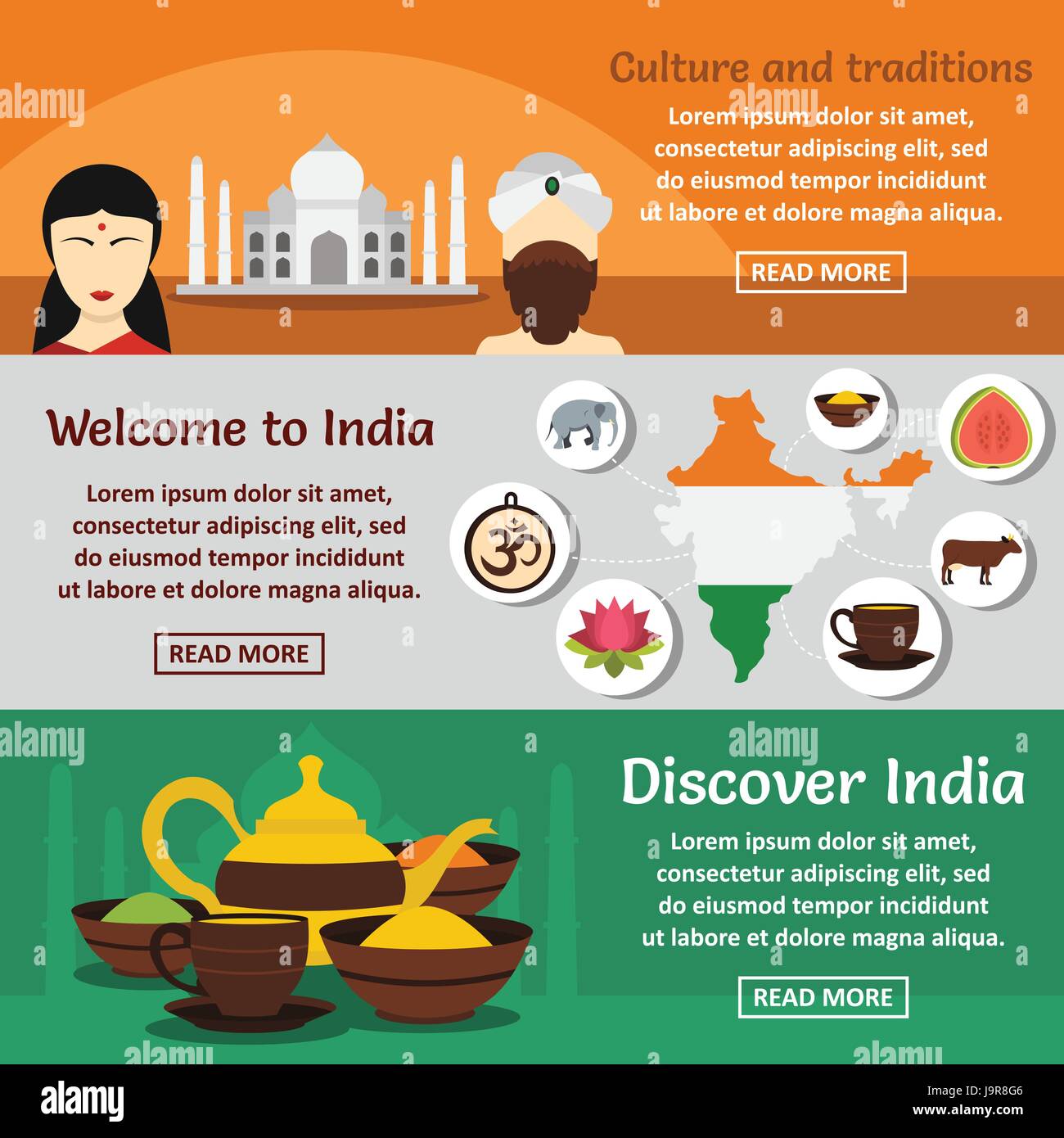 India travel banner orizzontale, di tipo piatto Illustrazione Vettoriale