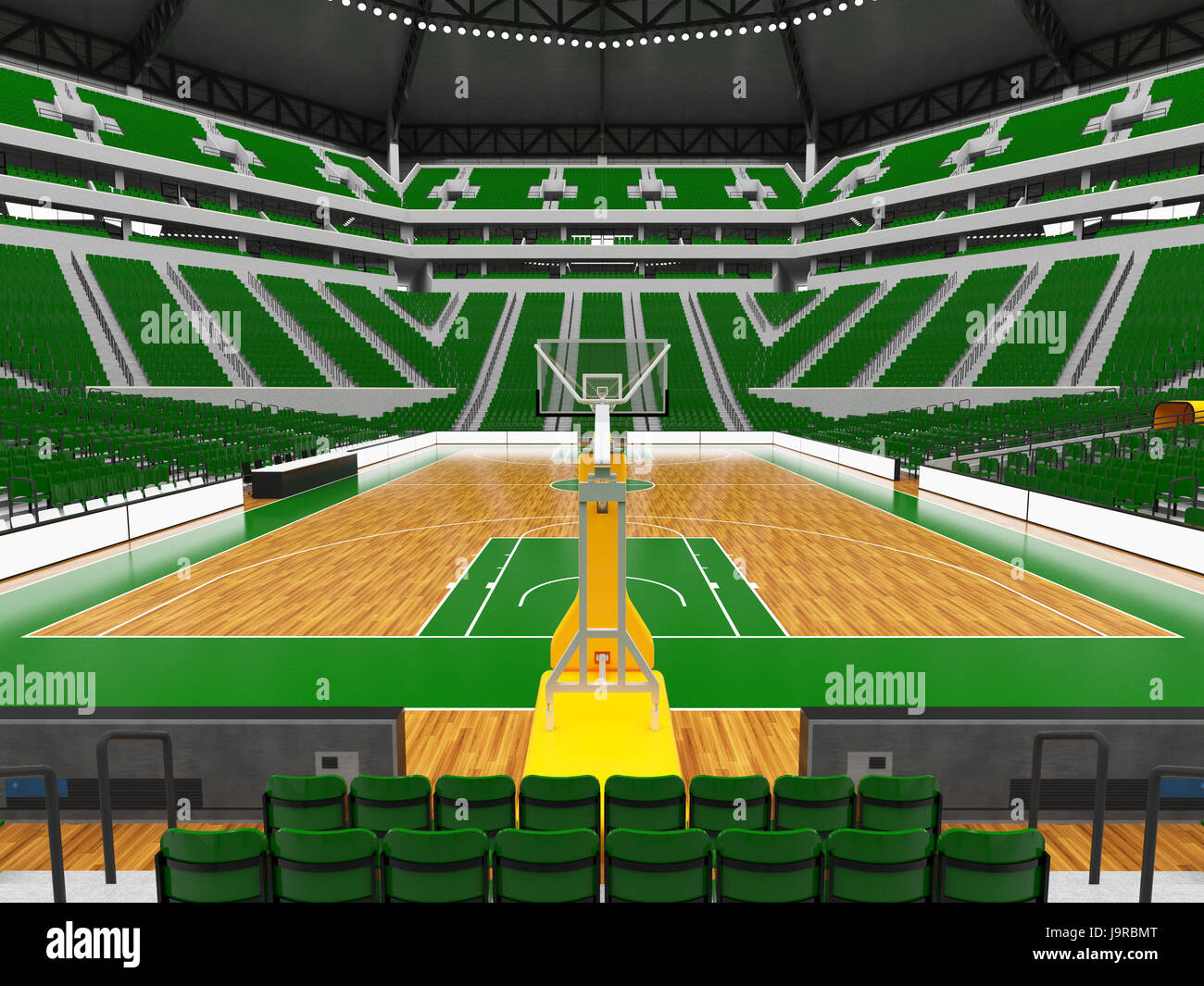 3D render di splendida arena sportiva per la pallacanestro con faretti , scatole VIP e sedi di verde per venti mila tifosi Foto Stock