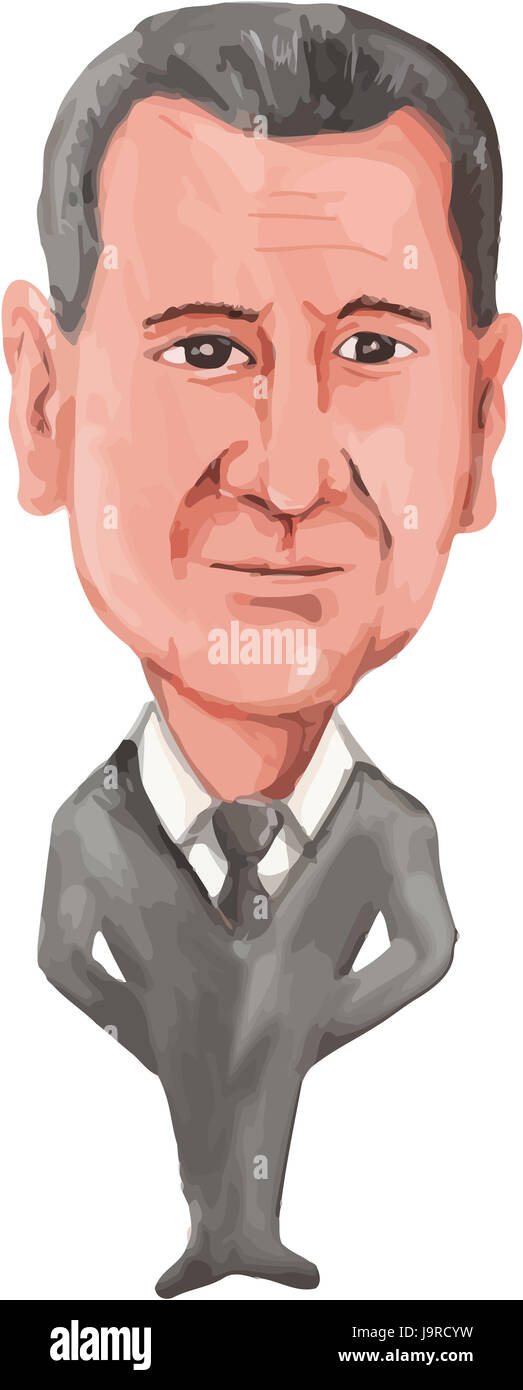 Colore dell'acqua caricatura illustrazione del Presidente della Siria Bashar Hafez al-Assad come pure il comandante in capo della Siria le forze armate, gen. Foto Stock