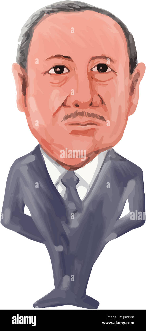 Colore dell'acqua caricatura illustrazione del XIV Presidente della Turchia Recep Tayyip Erdogan, visto dal lato anteriore isolato su sfondo bianco fatto in carto Foto Stock