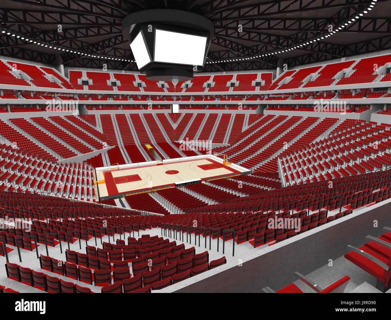 3D render di splendida arena sportiva per la pallacanestro con faretti , scatole VIP e sedi di rosso per venti mila tifosi Foto Stock