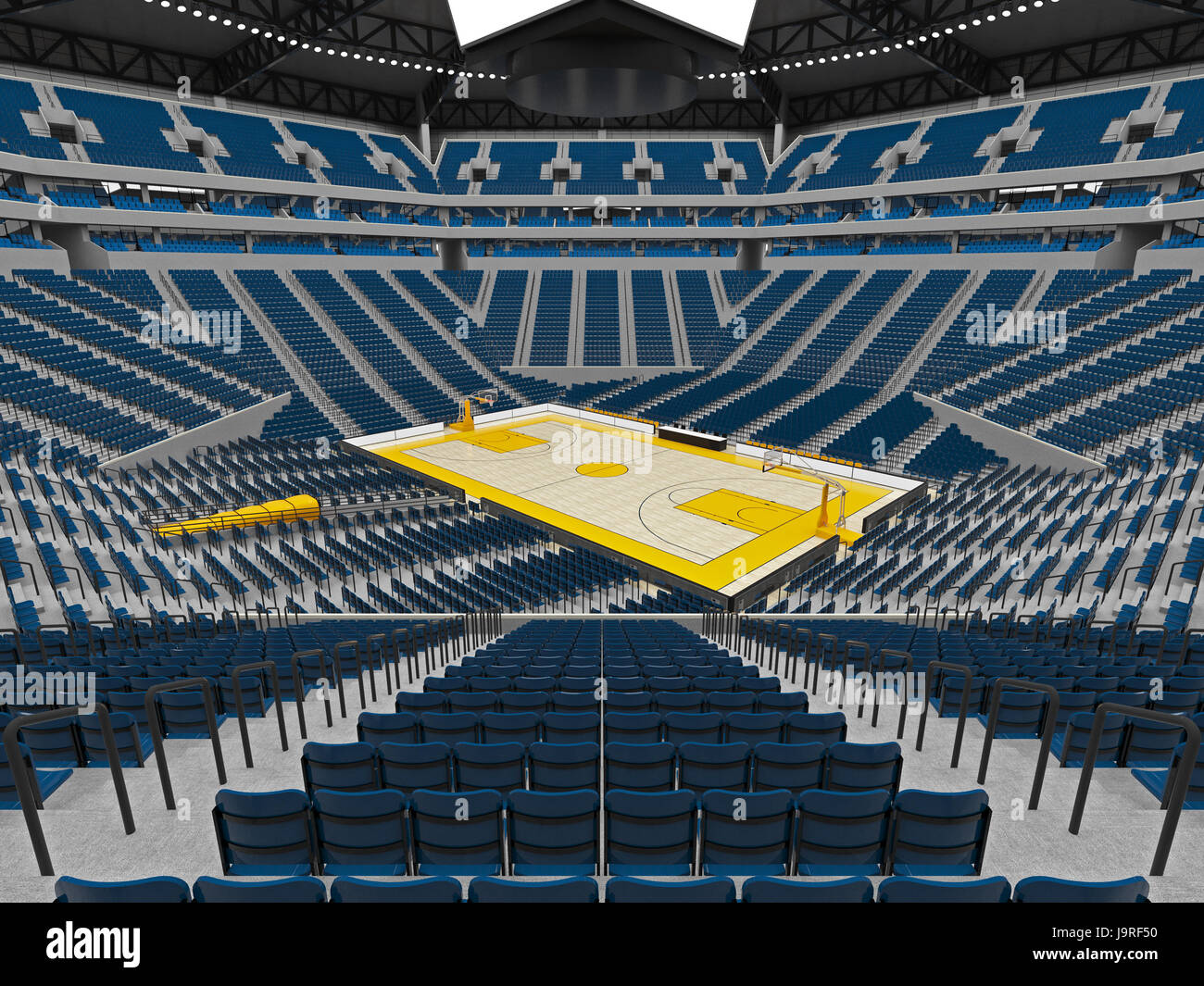 3D render di splendida arena sportiva per la pallacanestro con faretti , VIP scatole blu e posti a sedere per venti mila tifosi Foto Stock