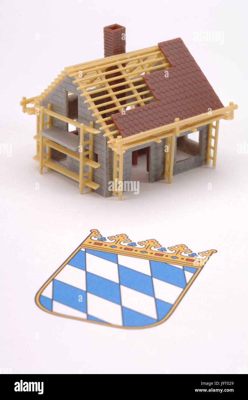 Icona,costruzione di una casa,modello di casa bavarese,lo stemma di,pianificazione,costruzione,stemma,real estate,uomini al lavoro,ponteggio,impalcatura,capriata,copritetti,artigiano,lavoratore edile,guscio,casa unifamiliare,Casa,Casa,notaio,costruire,design edilizia,Casa,appartamento,costruzione casa,stato libero,costruzione specifica, Foto Stock