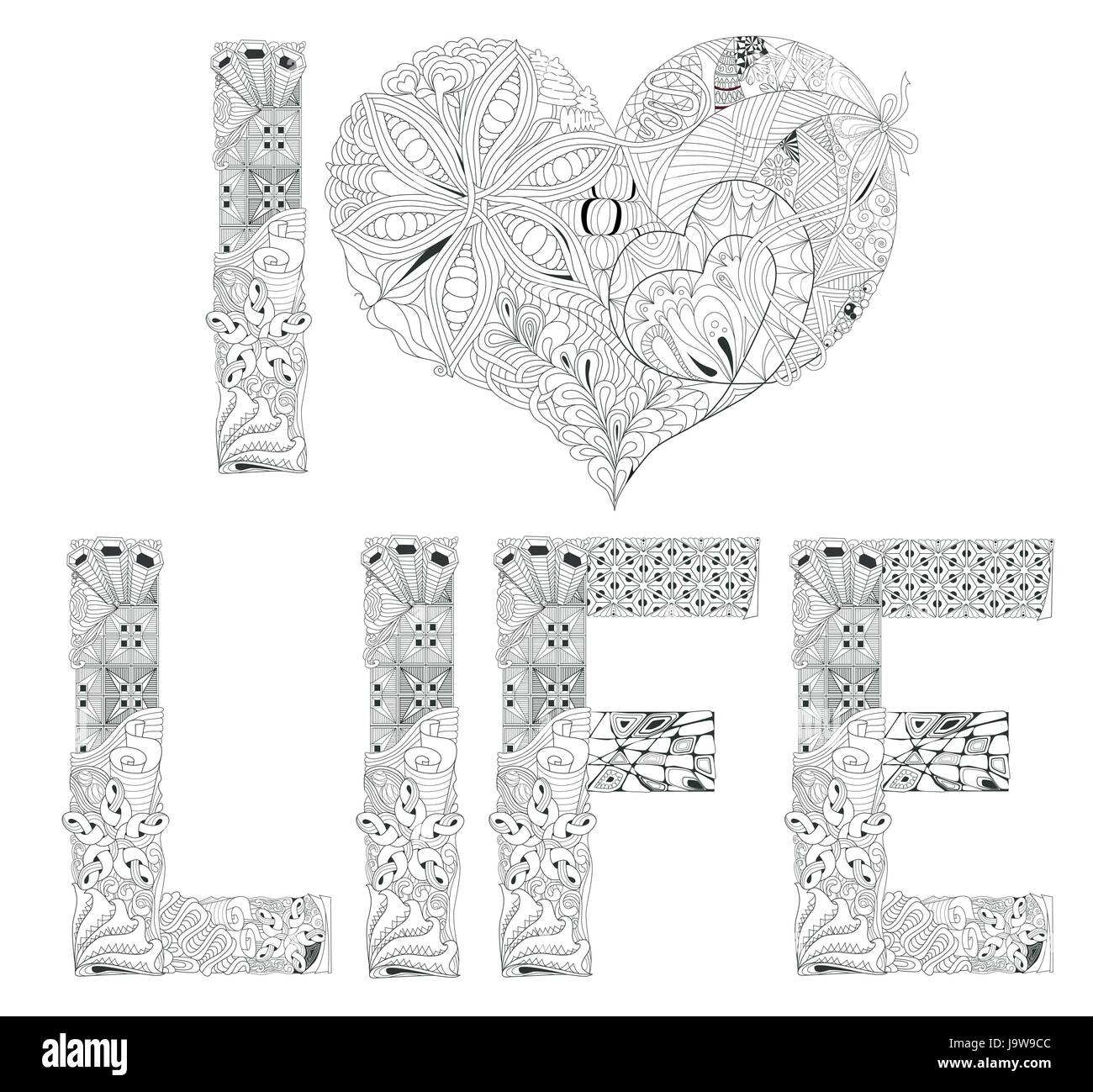 Dipinte a mano e art design. Adulto anti-stress pagina di colorazione. In bianco e nero disegnato a mano illustrazione parola del mio amore per la vita libro da colorare Illustrazione Vettoriale