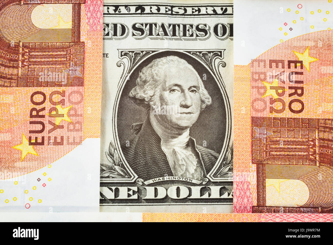 George Washington ritratto su di noi un dollaro con10 Eurospaper Cambio banconote Foto Stock