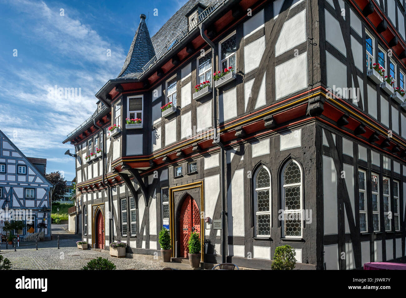 Il municipio storico, stile tardo gotico a struttura mista in legno e muratura edificio, Schotten, Hesse, Germania Foto Stock