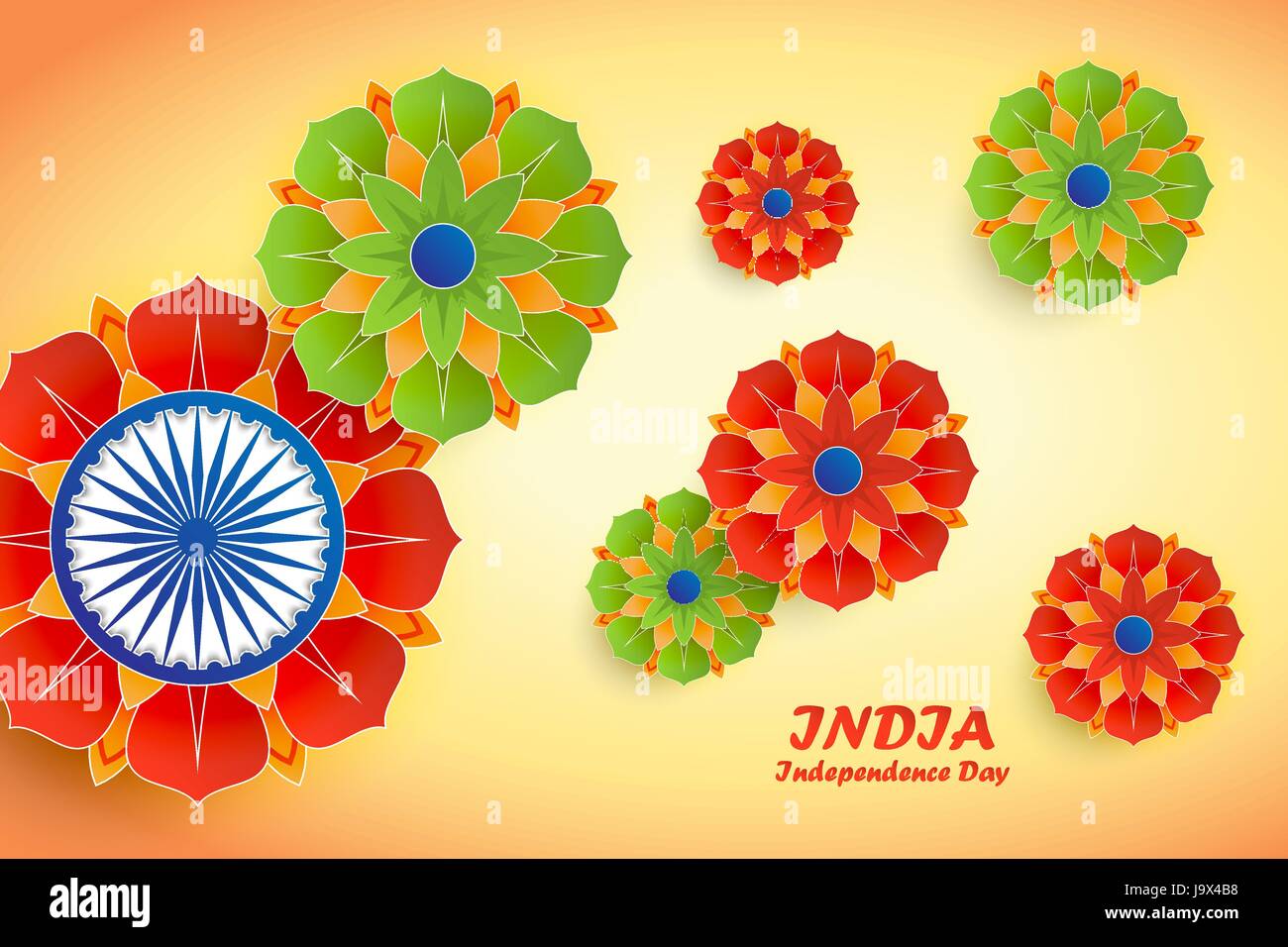 Felice Giorno Di Indipendenza in India. Il 15 di agosto. Indian Independence Day abstract sfondo con fiori e ashoka ruota per il tuo design Illustrazione Vettoriale