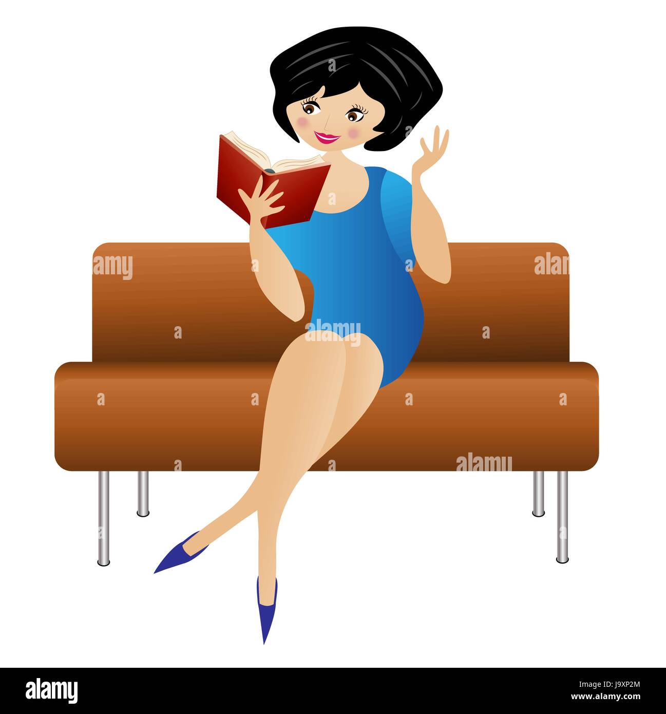 Donna seduta su un divano legge un libro, illustrazione vettoriale Illustrazione Vettoriale