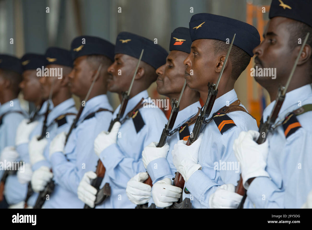 Abitante del Gibuti Air Force soldati stand in formazione durante un partenariato africano esercizio di volo Febbraio 11, 2015 a Gibuti. (Foto di Benjamin Wilson/US Air Force via Planetpix) Foto Stock