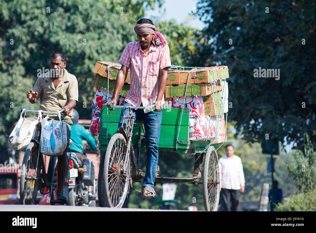 SILIGURI, India - 5 dicembre 2016: a tre ruote carrello è ampiamente utilizzato per il trasporto dei prodotti da un mercato all'ingrosso in Siliguri. Foto Stock