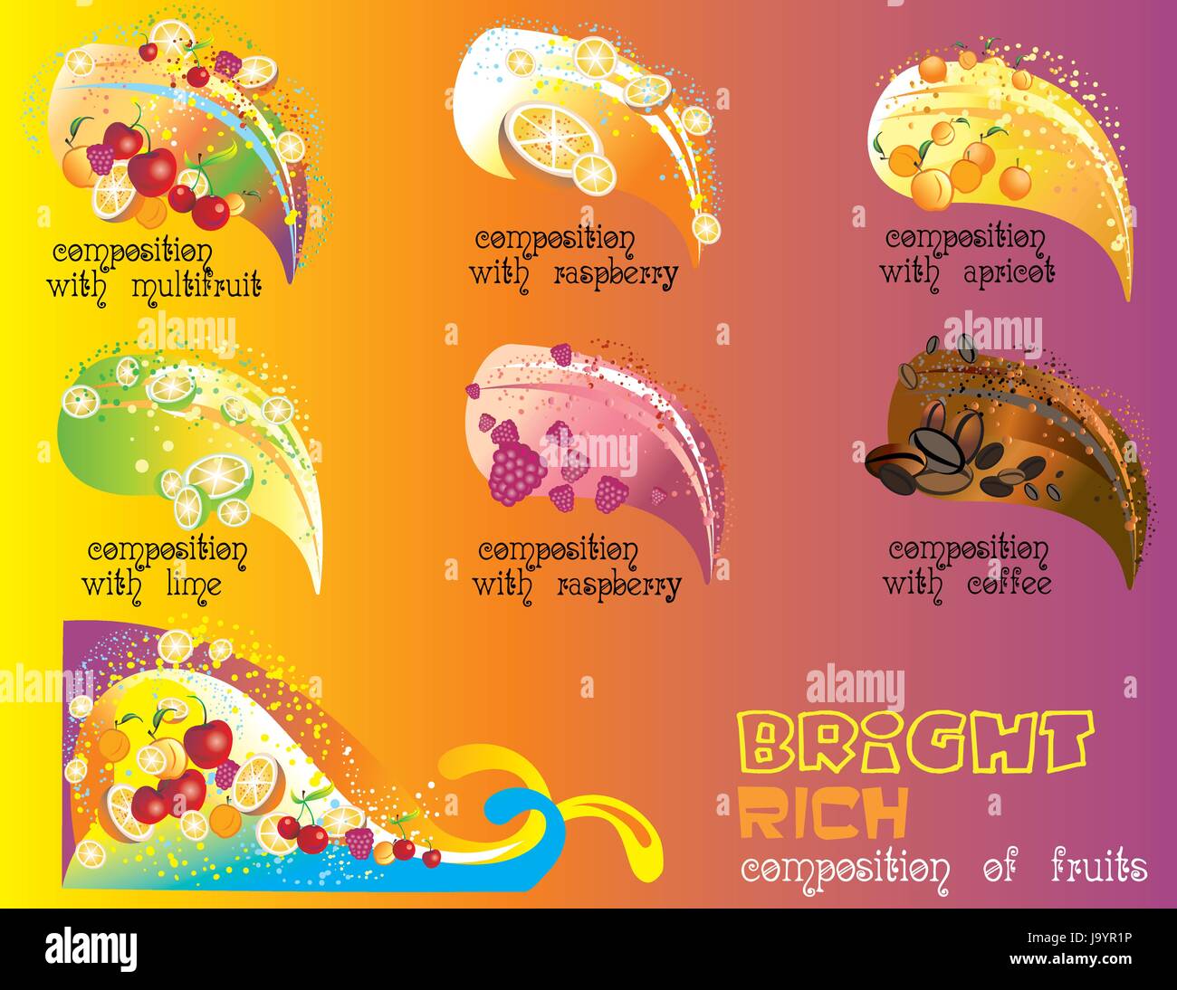 Set di vettore di luminose e composizione ricca di frutti su sfondo colorato Illustrazione Vettoriale