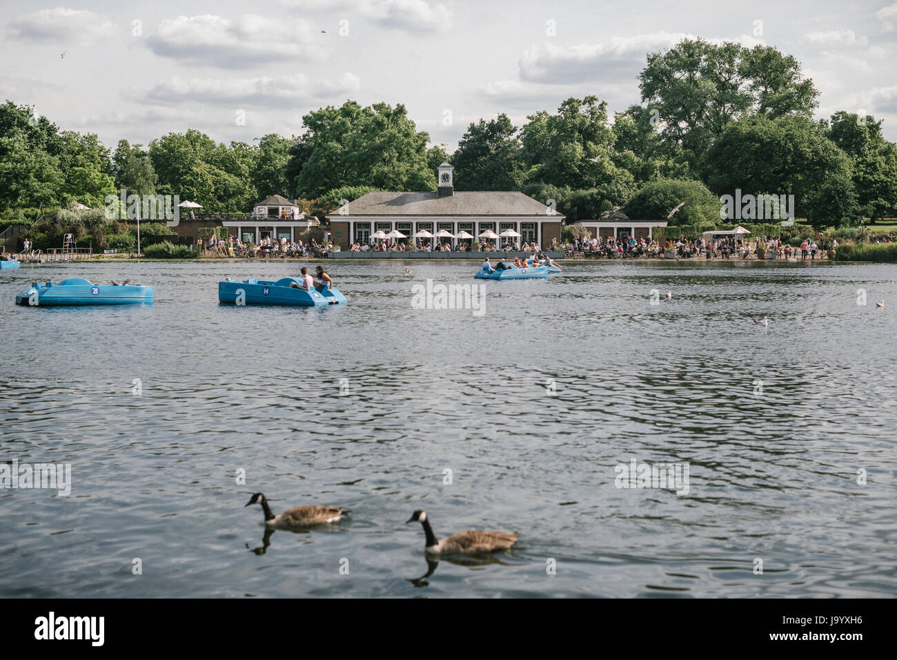 Il lago a serpentina e club di nuoto in Hyde Park, Londra. Foto Stock